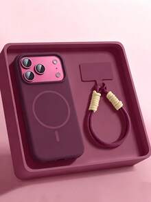 Minimalist Solid Color Liquid Silicone Magnetic Phone Case + Short Lanyard Case, Compatible With IPhone 18 Pro Max 17 Pro Max 17 16 15 14 13 12 Pro Max 11, Supports Wireless Charging Back Cover Protection - Cherry Red - View 1