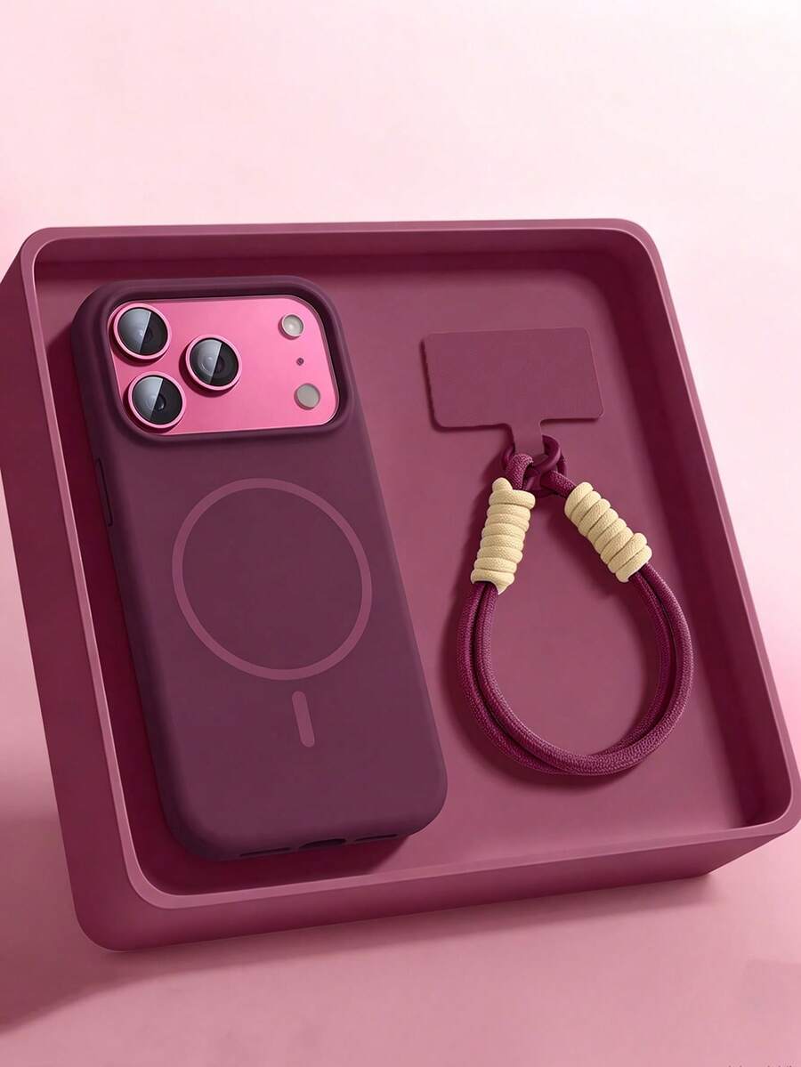 Minimalist Solid Color Liquid Silicone Magnetic Phone Case + Short Lanyard Case, Compatible With IPhone 18 Pro Max 17 Pro Max 17 16 15 14 13 12 Pro Max 11, Supports Wireless Charging Back Cover Protection - Cherry Red - View 1