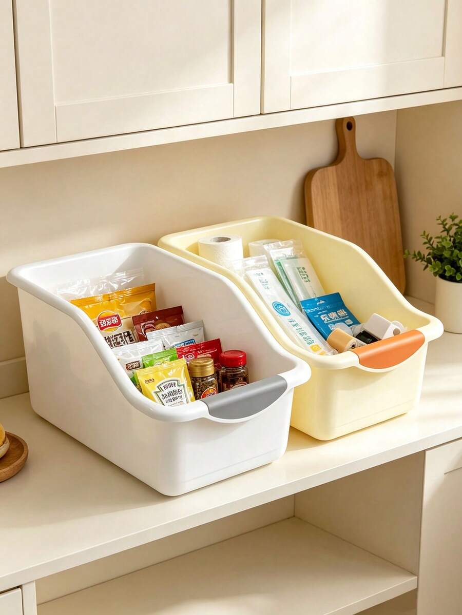 Plastic Slanted Storage Organizer Bin With Handle, Multipurpose Container For Kitchen Pantry Cabinet, Store Spices, Snack Packs & Home Small Supplies, Space Saving Spring Cleaning Basket For Countertop, Sink, Shelf, Closet, Bathroom, Office - Multicolor - View 1