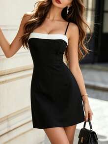 DONICY Contrast Trim Camisole Bodycon Mini Dress, Casual & Party Versatile - Black - View 9