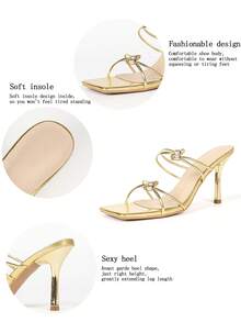Women Metallic Gold Square Open Toe Heeled Sandals, Thin Straps Rhinestone Decor Stiletto Slip-On Party Mules - Gold - View 6