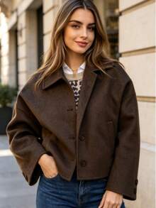 Women's Loose Short Jacket, Lapel Front Button Short Coat, Suitable For Daily Wear - Coffee Brown - View 3