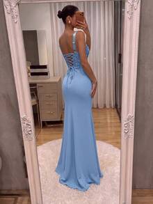 ADYCE Elegant Sequin Patchwork Thick Strap High Waist Pleated Boning High Slit Tie Back Floor Length Evening Gown, Suitable For Prom, Wedding Guest, Formal Dinner, Christmas, Autumn - Baby Blue - View 2