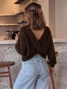 SEREN Women's New Fashion Twisted Design Knit Sweater, Vintage V-Neck Long Sleeve Pullover, Suitable For Daily Wear, And Gatherings With Friends - Red Coffee - View 2