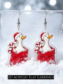 Boucles d'oreilles pendantes canard de Noël plates 2D, pendentifs d'oreilles en acrylique canard avec sac cadeau bonnet de Noël mignon, bijoux de fête canne de bonbon de Noël, cadeau de Noël - Canard de Noël - Voir 6