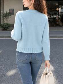Women's Autumn/Winter Casual Minimalist Korean Style Pocket Design Knit Cardigan Jacket - Baby Blue - View 2