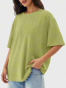 Speed mate Women's Solid Color Round Neck Short Sleeve T-Shirt, Fashion For Summer - Lime Green - View 3