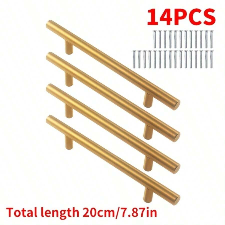 14pcs Gold Cabinet Handles, Matte Stainless Steel Kitchen Cabinet Door Pulls, Furniture Drawer Pulls, T-Shaped Hardware - Multicolor - View 1