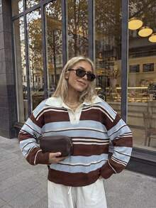 Fancy Everywear Women's Half-Button Front Top, Autumn/Winter New Arrival, Elegant Versatile Striped Style, Fashion Casual, Suitable For Outings - Multicolor - View 1