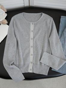Women's Winter Korean Style Contrast Color Plaid Patchwork Long Sleeve Crew Neck Knit Cardigan Sweater Jacket Top, New Autumn/Winter Versatile - Grey - View 8