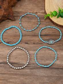 5pcs/Set Cowgirl Style Vintage Turquoise Floral Beaded Bracelet Set, Suitable For Women Or Men Daily Wear - Multicolor - View 4