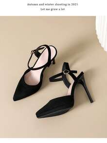 1 Pair Solid Color Business Fabric Buckle Waterproof Platform High Heel Ankle Strap Stiletto Pointed Toe Sandals For Outdoor Spring Autumn - Black - View 10
