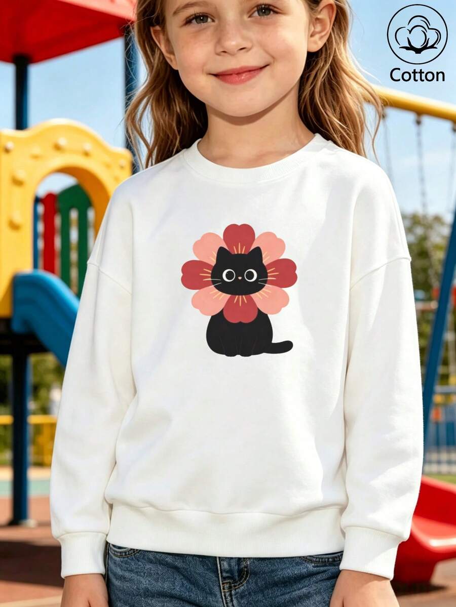 Kids' Loose Fit Crewneck Sweatshirt With Cute Cartoon Cat & Floral Print, Long Sleeve Pullover For Spring Autumn Outdoor Play - White - View 1