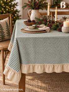 Bubaba 1pc Green Plaid Ruffle Edge Tablecloth, Vintage Pastoral Christmas Rectangular Dining Tablecloth, Beige Ruffle Edge, Bohemian Kitchen Holiday Decor - Green - View 9