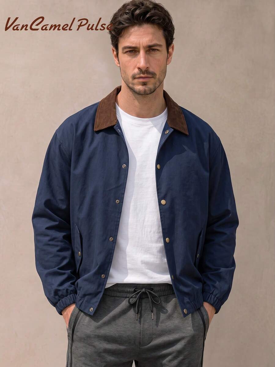 Vancamel Pulse Men's Spring/Autumn Solid Color Lightweight Baseball Jacket, Loose Fit Comfortable Sports Outdoor Top With Large Pocket Design - Navy Blue - View 1