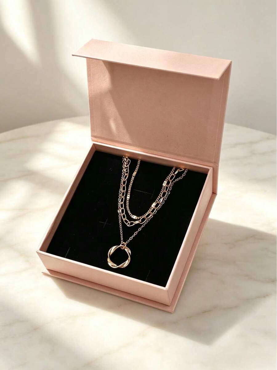 1 Set Luxury Niche Design Mobius Ring Double Layer Stacked Necklace For Women, Gold Collarbone Chain, High-End Accessory, Birthday Gift Box For Girlfriend - Gold - View 1