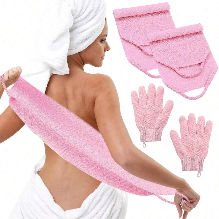 Bath Sets, 2Pcs Exfoliating Glove And 2Pcs Body Scrubber, Back Scrubbers For Use In Shower, Exfoliating Mitt And Exfoliating Towel For Body, Face, Shower, Bath And Deep Cleansing - Multicolor - View 1