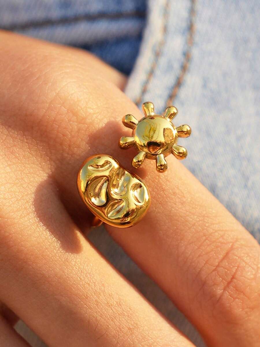 1pc Vintage Minimalist Gold Sun Pleated Open Ring, Bohemian Style, Suitable For Women's Jewelry For Weddings, Parties, Festivals And Daily Wear, Party, Daily, Christmas And Wedding - Multicolor - View 1