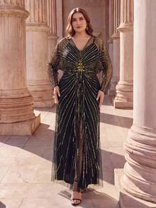 EVERPRETTY Autumn/Winter Plus Luxury Sequin Embroidered Batwing Sleeve Straight Mesh Black & Gold Formal Evening Gown For Dinner Party Wedding Guest Anniversary - Multicolor - View 1