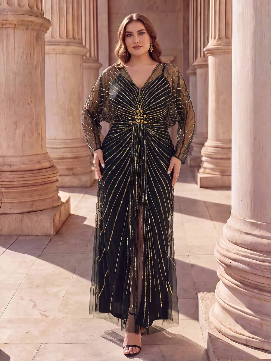 EVERPRETTY Autumn/Winter Plus Luxury Sequin Embroidered Batwing Sleeve Straight Mesh Black & Gold Formal Evening Gown For Dinner Party Wedding Guest Anniversary - Multicolor - View 1