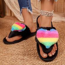 Women's Wide-Fit Fuzzy Flip Flops For Autumn/Winter, Unique T-Strap Design With Rainbow Heart Decor, Comfortable Soft Skin-Friendly Open-Toe Wide-Fit Plush Indoor Slippers, Non-Shedding Machine Washable Warm Home Slippers - Black - View 5