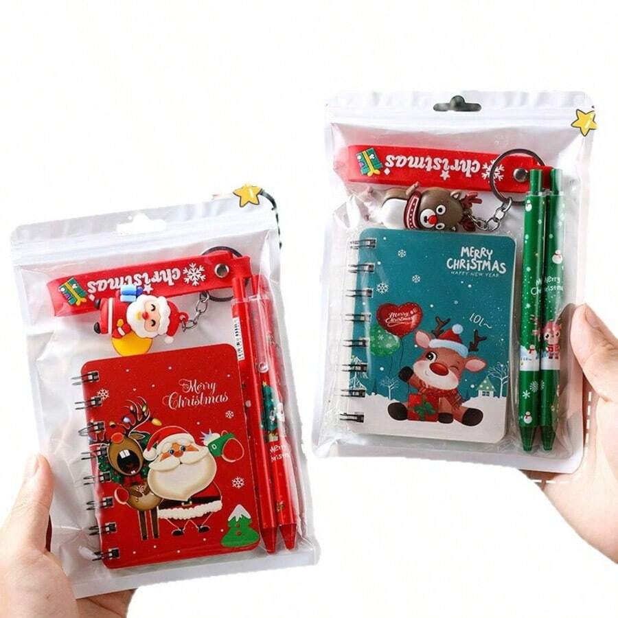 1PC Christmas Theme Stationery Set (2 Spiral Notebooks + 2 Pens + 1 Keychain) - Cartoon Christmas Spiral Notebook, Neutral Pen, Keychain, Combination Christmas Small Gift - Classroom Prize Christmas Souvenir Stationery - Random Style - A - View 1