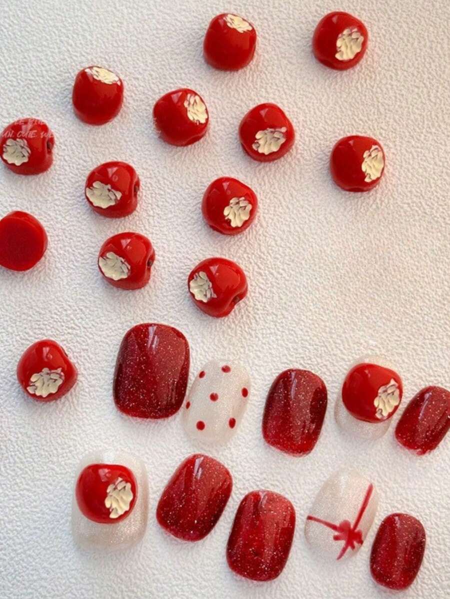 Approx. 5pcs Christmas Red Apple Nail Art Charms, Cute 3D Red Apple Nail Accessories, Bite-Sized Apple Nail Decoration For Press-On Nails - Multicolor - View 1