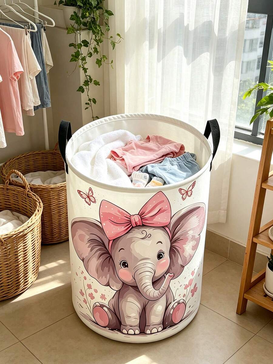 [Cute Elephant Storage Basket]Cute Elephant Laundry Basket, Foldable Round Storage Box With Sturdy Handle | Pink Bow And Butterfly, Soft Macaron Cartoon Design, Durable Storage Bin, Suitable For Game Room, Spring Cleaning, Lightweight, Suitable For Bedroom, Bathroom - Multicolor - View 1