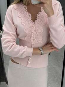 Dila Polly Women's Autumn Elegant Contrast Lace Cardigan, Elegant Long Sleeve Front Button-Up Top, Contrast Lace Collar Sweater (Autumn/Winter Style) - Pink - View 2