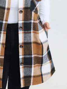 Plus Size Women's Plaid Button-Down Jacket Casual Checkered Vest For Daily Wear Sleeveless Waistcoat Office Fall Clothes Winter Coat With Pocket - Mocha Brown - View 5