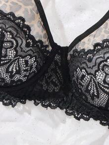 Daily Black Leopard Print Lace Trim Women's Lingerie Set, Comfortable Home Style Super Short Top + Triangle Panty 2-Piece Set - Black - View 3