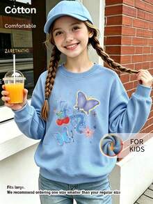 Kids Crew Neck Sweatshirt, Colorful Butterfly Cherry Star Graphic Print Fleece Lined Thick Pullover For Kids - Blue - View 3