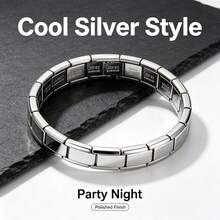 1pc High-Quality Men's Silver Stainless Steel Elastic Bracelet, Rectangular Link Design, Waterproof, Rust-Resistant, Hypoallergenic, Fade-Resistant, Daily Wear, Party, Gift Accessory - Silver - View 1