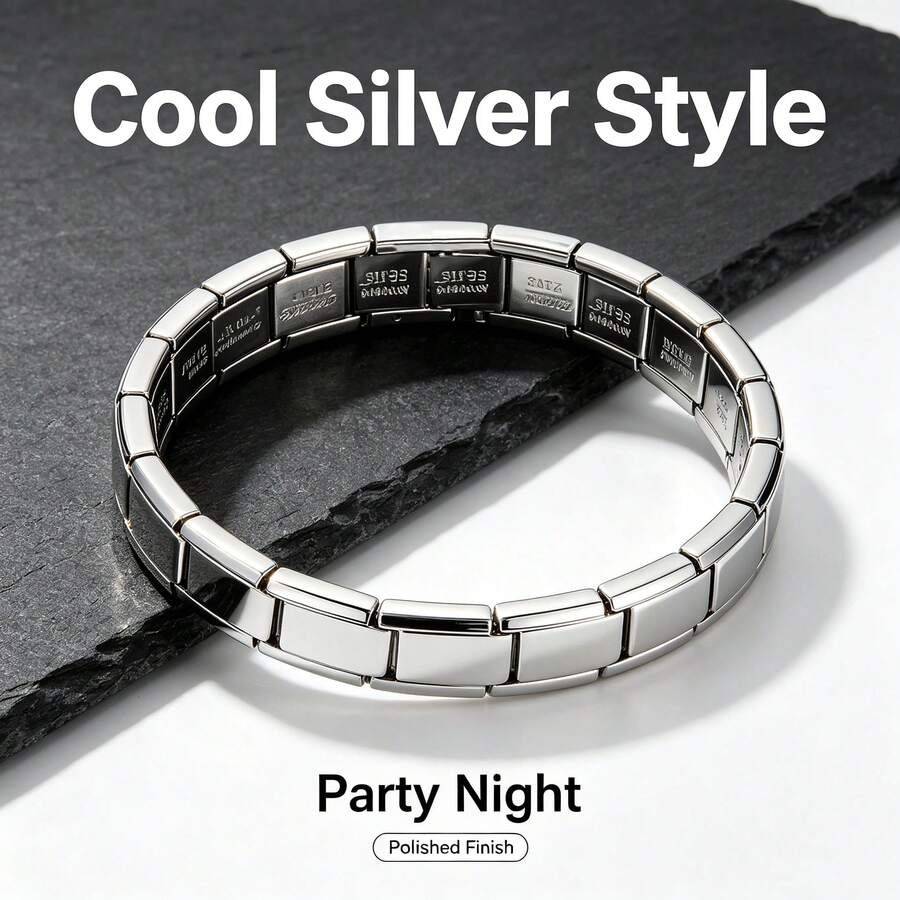 1pc High-Quality Men's Silver Stainless Steel Elastic Bracelet, Rectangular Link Design, Waterproof, Rust-Resistant, Hypoallergenic, Fade-Resistant, Daily Wear, Party, Gift Accessory - Silver - View 1