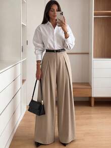 Women's Solid Color Pleated Casual Versatile Daily Wear Long Pants - Apricot - View 8