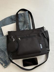 New Fashion Minimalist Casual Tote Bag For Women, Solid Color Large Bag - Black - View 3