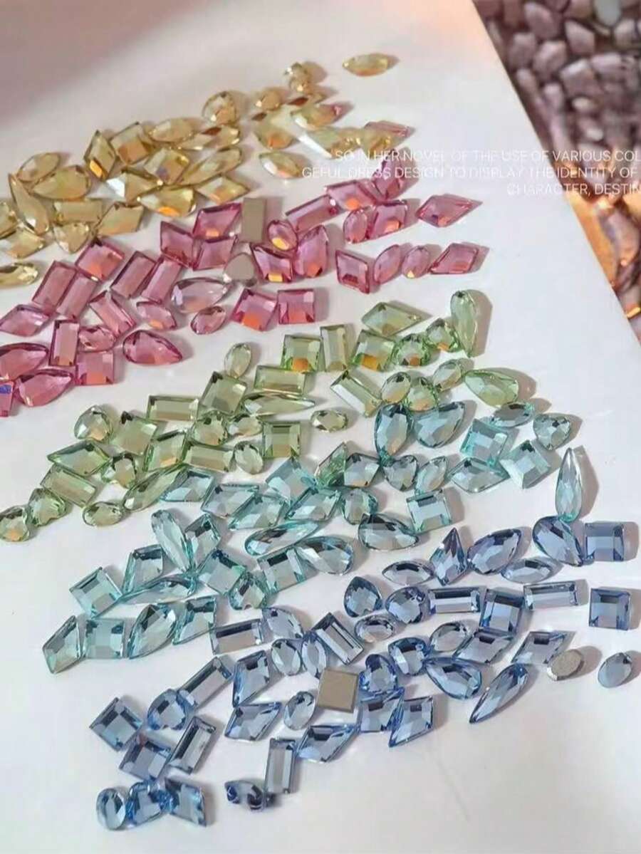 100pcs Shiny Colorful Rock Candy Zirconia Flat Back Rhinestones, Flower Cut Flat Back Rhinestones, Nail Art Decoration, Sparkling K9 Beveled Small Flat Back Asymmetrical Rhinestones, Colorful Mixed Nail Art Rhinestones, Glitter Nail Art Decoration - Multicolor - View 1