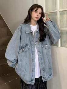 女款寬鬆休閒百搭牛仔外套 - 藍色 - 查看 4