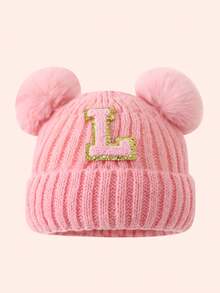 1pc Pink Kids Hat 26 Letters Baby Knitted Cap Boys Girls Warm Beanie Suitable For Outdoor Travel Daily Wear - Pink Gold Logo On Crown - Pink Double Ball Cap - View 17