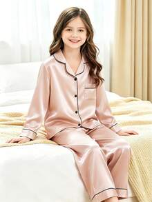 Tween Girl 2pcs Long Sleeve Top & Long Pants Pajama Set, Dusty Pink - Multicolor - View 6