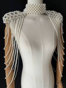 ZHENGHEN Women's Fashionable Handmade Pearl Shoulder Chain, Powerful Style, Detachable Tassel Pearl Body Chain, Suit Jacket Decoration Accessory - White - View 9