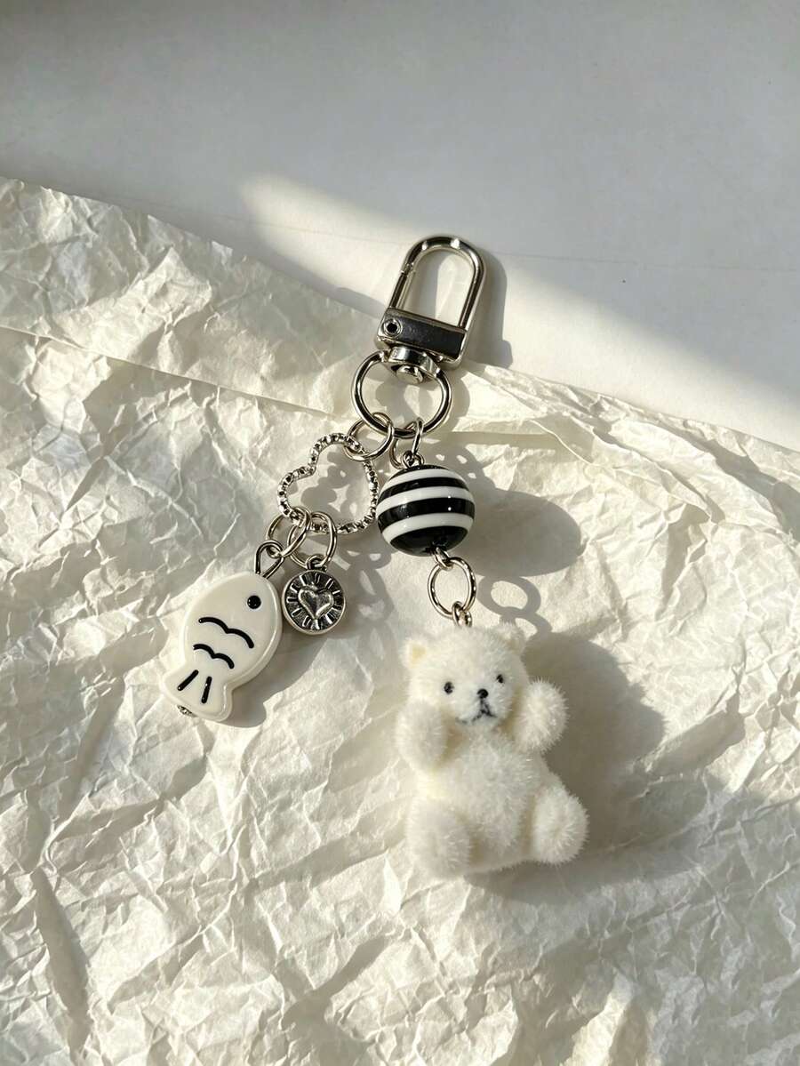 1pc Women's Flocked Cartoon White Bear Key Chain With Small Fish & Heart Bead Pendant, Cute Adorable Accessory For Earphones, Bags And Keys - White - View 1