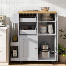 Kitchen Island On Wheels W/Drop Leaf,Kitchen Trolley W/ Towel&Spice Rack,Dual-Sided Sliding Tray,StorageCabinet,Open Shelves,Hooks,Serving Cart Storage Trolley For Kitchen,Dining,Living Room - Grey - View 3