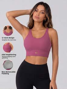 Never me Women's Ribbed U-Neck Wide Strap Sports Bra For Yoga, Fitness, Pilates, Outdoor Jogging, Daily Commute - Hot Pink - View 7