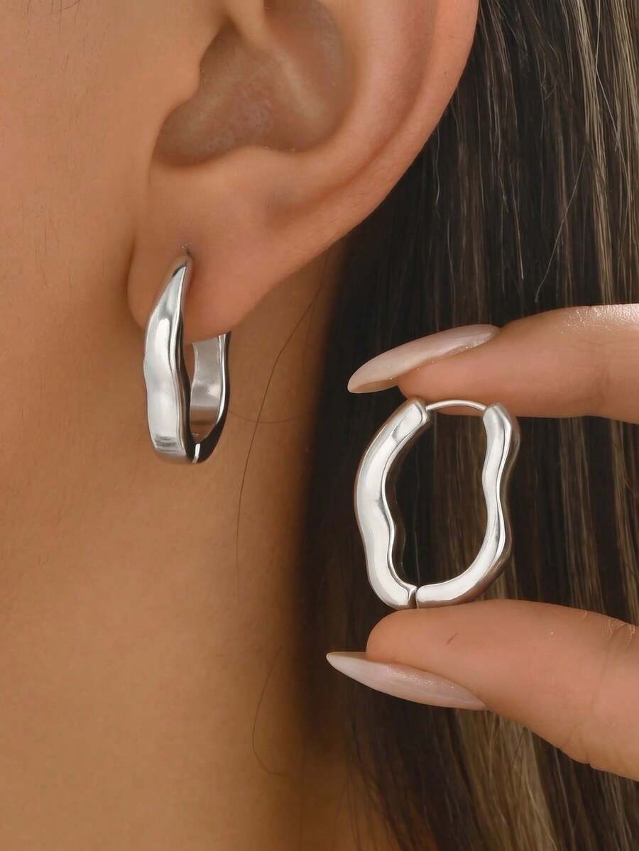 2pcs Ins Minimalist Asymmetrical Geometric U-Shaped Ear Cuffs, Niche Personalized Metal Earrings, High-End Versatile Women's Jewelry - 1852 Silver - View 1