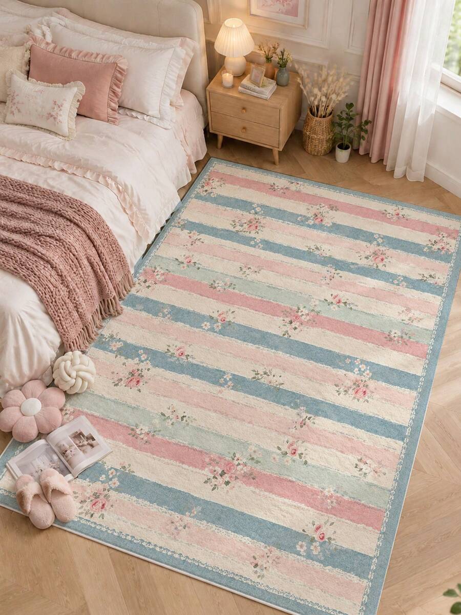 1pc Pink Blue Cream White French Fresh Style Vertical Stripe Floral Faux Wool Living Room Rug, Soft Non-Slip Wear-Resistant, Suitable For Living Room, Bedroom Decor, Office, Non-Slip Door Mat, Bathroom, Hallway, Study Area Rug - Pink - View 1
