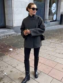 Mantel Wol Wanita Kerah Tegak Kancing Tunggal, Lengan Raglan Longgar Polos Pendek, Jaket Komuter Elegan Musim Gugur Musim Dingin - Dark Grey - View 3