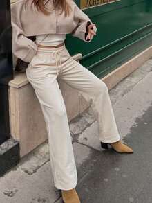 Women Solid Drawstring Waist Wide Leg Sweatpants, Casual Loose Fit Lounge Trousers - Apricot - View 9