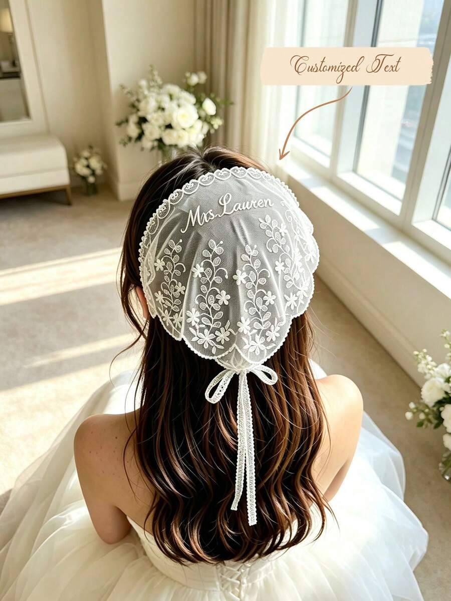 Personalized Lace Bridal Headscarf, Custom Embroidered Wedding Head Scarf, Bachelorette Party Favors, Bride Gift LXY1607, Bride Lace Headscarf - Multi-color Lace Headscarf - View 1
