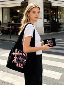 Women's Slogan Cross Pattern Large Capacity Tote Bag - Multicolor - View 9